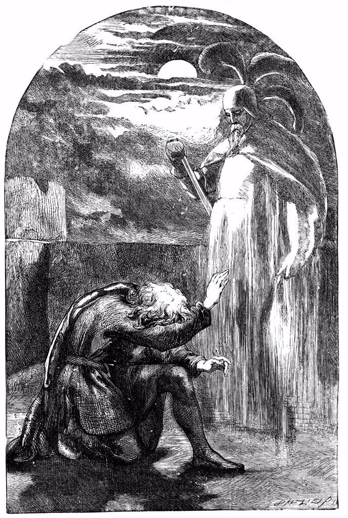 Shakespeare Hamlet Act l Sc 5. Hamlet seeing his father's ghost on the battlements of Elsinore Castle. 19th century engraving.