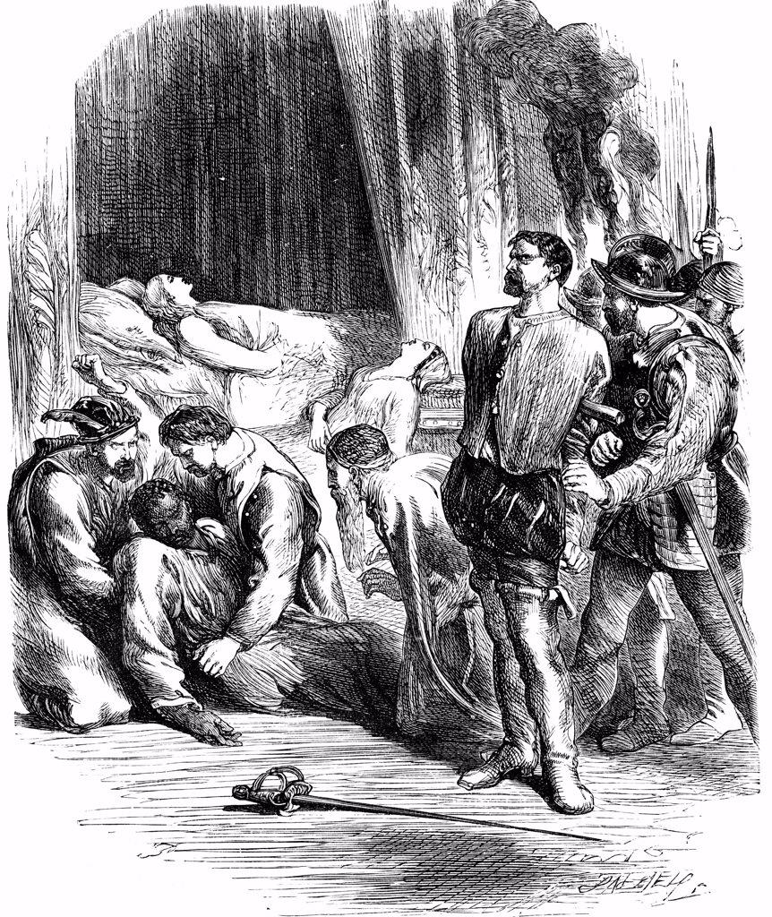 Shakespeare Othello Act 5: Desdemona and Emilia lie dead, Othello has stabbed himself and Iago is taken prisoner. 19th century engraving.