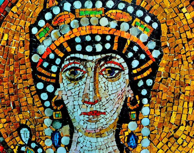 The Empress Theodora, (wife of Justinian 1), a powerful woman. This 6th century mosaic is from the Basilica of San Vitale, Ravenna.