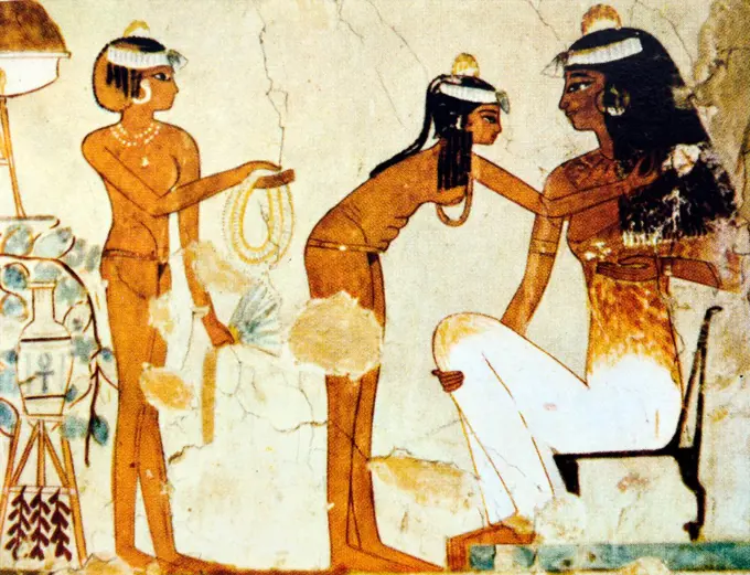 Woman dressing, detail from a wall painting. New Kingdom, 18th dynasty, 1567-1320 BC. Tomb of Djeser-ka-re-seneb, Thebes. Djeser-ka-re-seneb was an administrative official of the granary under Pharaoh Thutmose IV (1425-1417 BC.