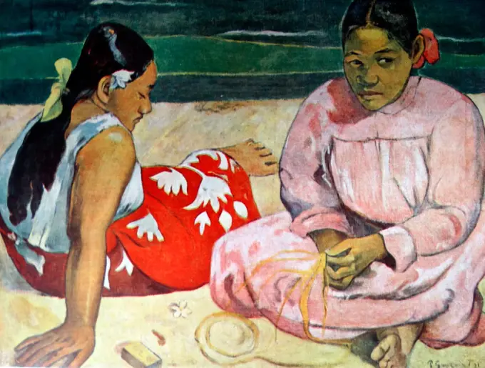 Painting titled 'Two Young Thahiti Women' depicts two young Tahiti women sat on the beach. Dated 1891