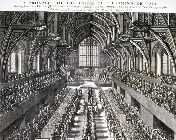 James II of England VII of Scotland (1633-1701). Reigned 1685-1688. Coronation of James II and his queen Mary (of Modena), 1685. Scene in the Banqueting Hall, Whitehall, London, celebrating the coronation. Engraving.