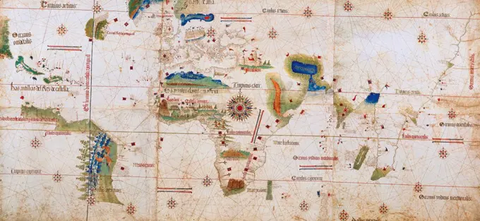 The Cantino planisphere (or Cantino World Map) is the earliest surviving map showing Portuguese Discoveries in the east and west. It is named after Alberto Cantino, an agent for the Duke of Ferrara, who successfully smuggled it from Portugal to Italy in 1502. The map is particularly notable for portraying a fragmentary record of the Brazilian coast, discovered in 1500 by the Portuguese explorer Pedro √Ålvares Cabral who conjectured that he had landed on a continent previously unknown to Europeans