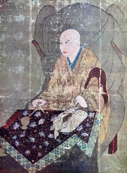 Portrait of Jishin Osho, monk from the Ritsu sect of the Saidaiji temple in Nara, Japan. painted on silk, Nanbokucho period, 14th century.