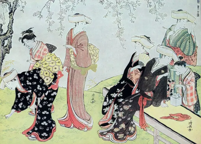 Autumn scene in Nihonbashi, 1786. women picking flowers; Japanese painting by Torii Kiyonaga 18th century