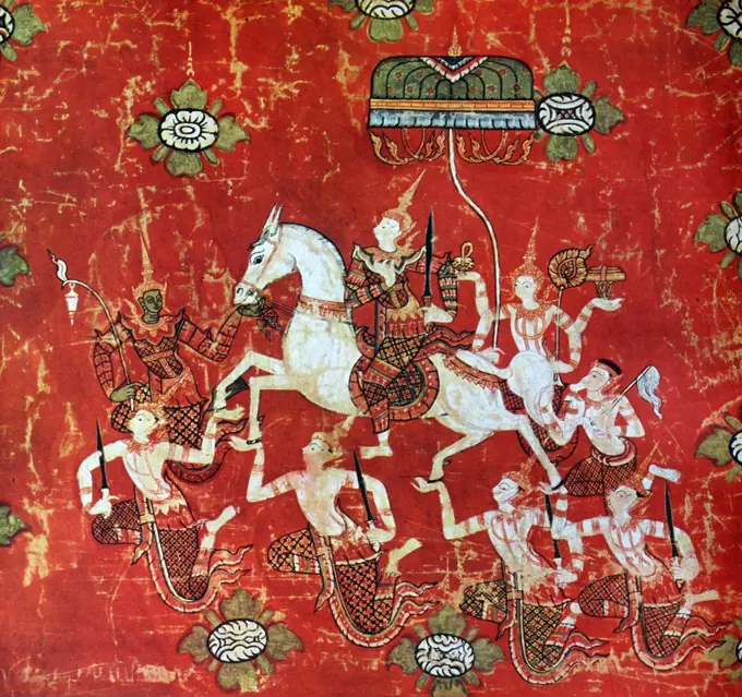 The Great Departure of Bodhisattva, detail from Episodes from the Life of Buddha, Thai painting on silk panel, 17thñ18th century; in the MusÈe Guimet, Paris