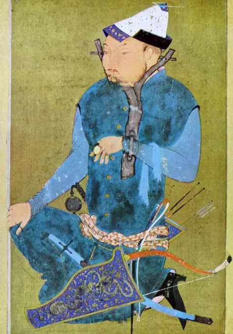 persian military commander prays, 15th century persian illustration
