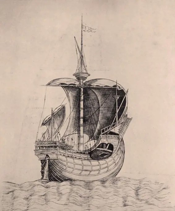 Line engraving of a 15th Century merchant ship. Dated 1470