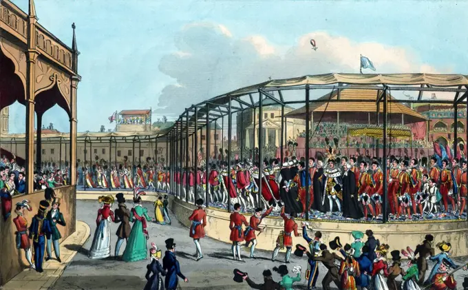 Hand-coloured aquatint etching depicting the Coronation procession of His Majesty George IV (1762-1830) King of the United Kingdom of Great Britain and Ireland and of Hanover. By William Heath (1795-1840) etcher and artist. Dated 1821