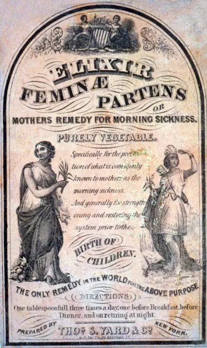 Patent medicine label for Mother's remedy for morning sickness by Thos S. Yard & Co. Dated 1852