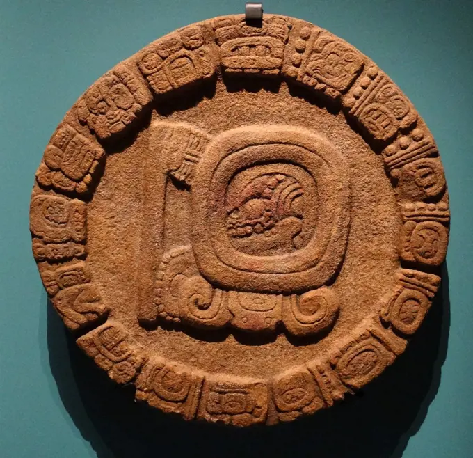 Mayan stone disk monument from Tonina, s a pre-Columbian archaeological site and ruined city of the Maya civilization. located in what is now the Mexican state of Chiapas, 600-900 BC
