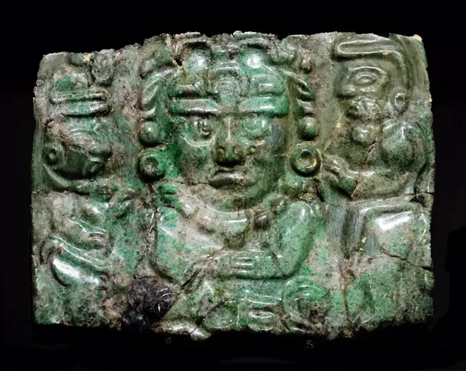 Jade pectoral with a representation of the Mayan Sun God Aj K'in or K'inich Ajaw. 600-900 AD. Chichen Itza, Yucatan Mexico