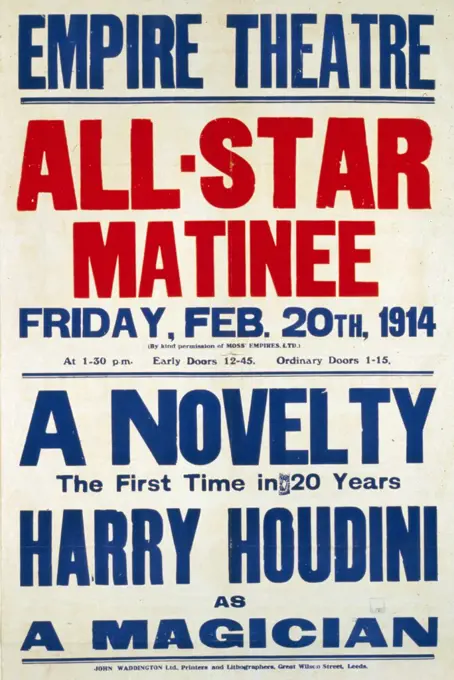 Colour lithograph, poster format, advertising Harry Houdini's first novelty in 20 years. Houdini (1874-1926) was a Hungarian-American illusionist and stunt performer, noted for his sensational escape acts. Dated 1914.