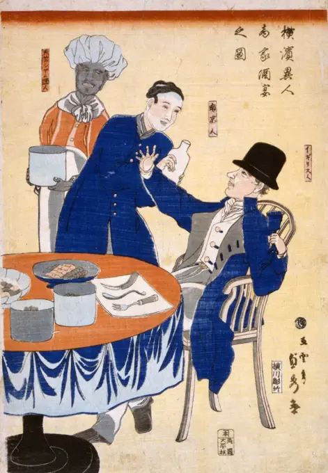 Japanese work on hosho paper, woodcut, colour. Title of work: Banquet at a foreign mercantile house in Yokohama, shows an English merchant seated at a table and being waited on by a Chinese man and a Thai cook during a banquet at a mercantile house in Yokohama, Japan. Artist is Sadahide Utagawa (1807-1873).