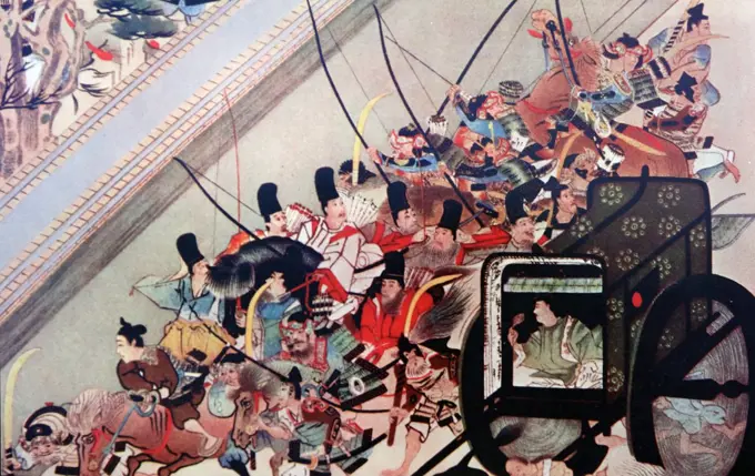 Print depicting the Abduction of Emperor Go-Shirakawa (1127-1192) 77th Emperor of Japan. Dated 12th Century