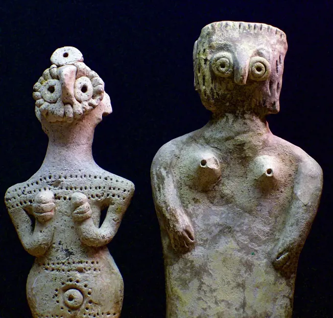 Ancient art: female terracotta figurines, northern Syria, 2000 BC.