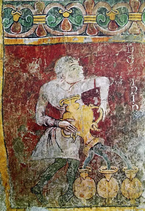 Fresco from the Church of Old Andorra depicts a servant filling three vases simultaneously from an amphora. Dated 13th Century