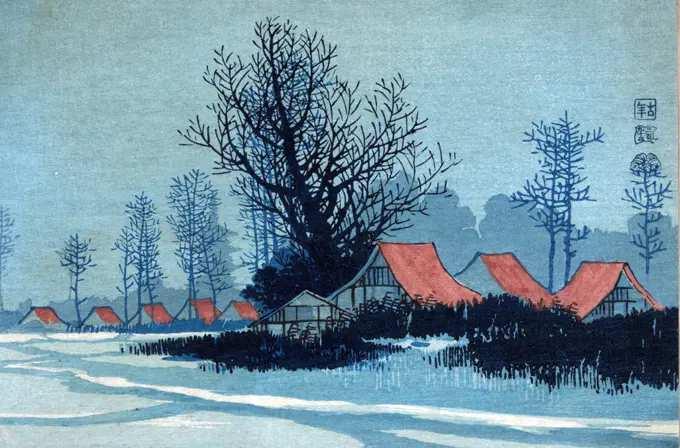 Buildings with red roofs in a winter landscape. Konen Uehera (1878-1940) Japanese artist.  Print 1900-1920.  Snow Trees Peace Quiet Stillness