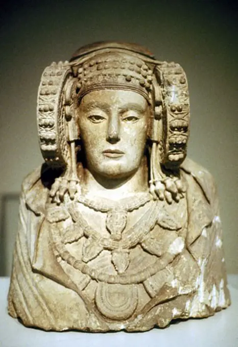 The Lady of Elche. Painted limestone bust of 5th century BC from La Alcuidia de Elche. Carthaginian influence