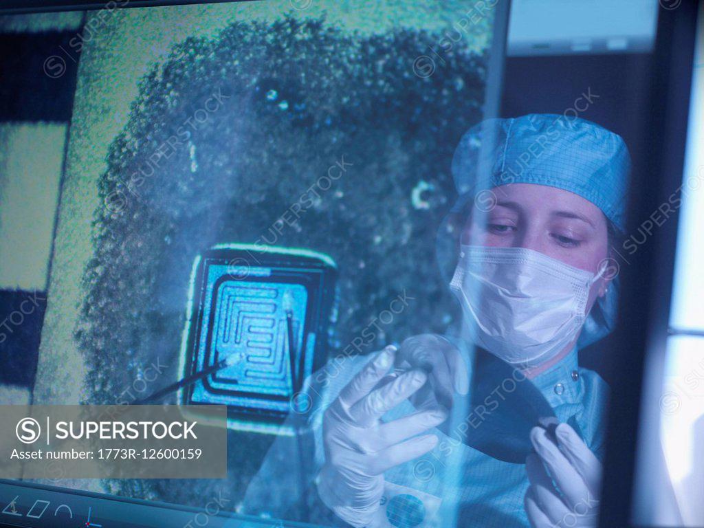Stock Photo: 1773R-12600159 Electronics worker holding silicon wafer reflected in screen in clean room