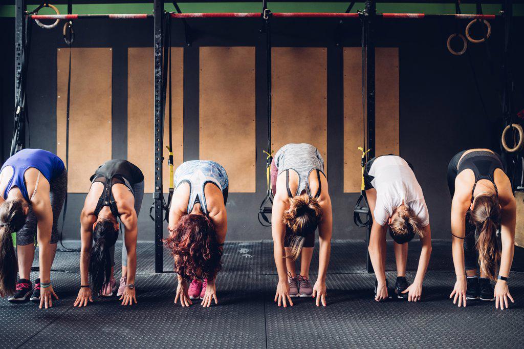 Row of women training in gym, bending forward touching floor