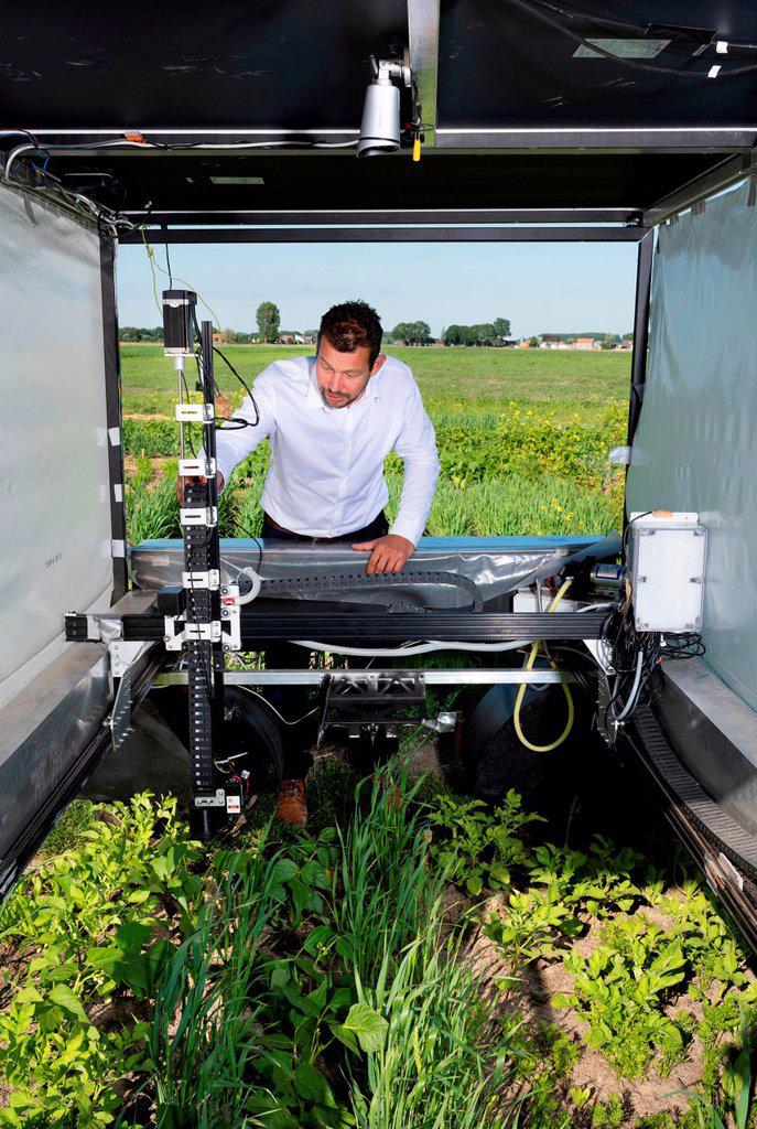 Man checking on robot monitoring crops and flowers on agricultural site in pixelfarming research