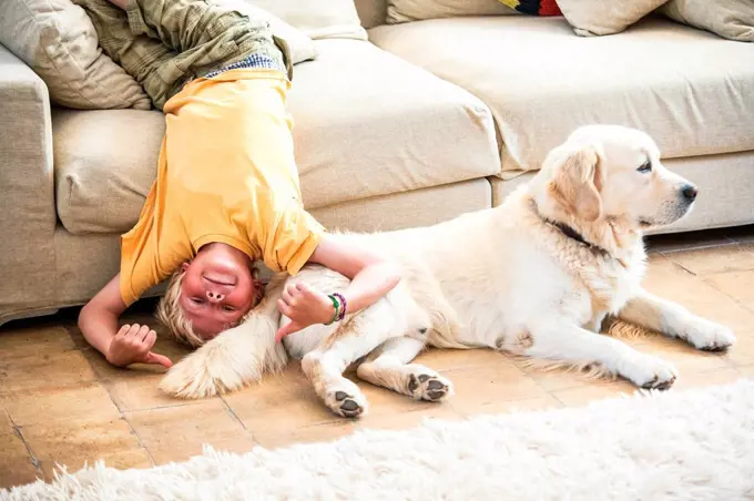 Boy lying upside down on sofa with dog