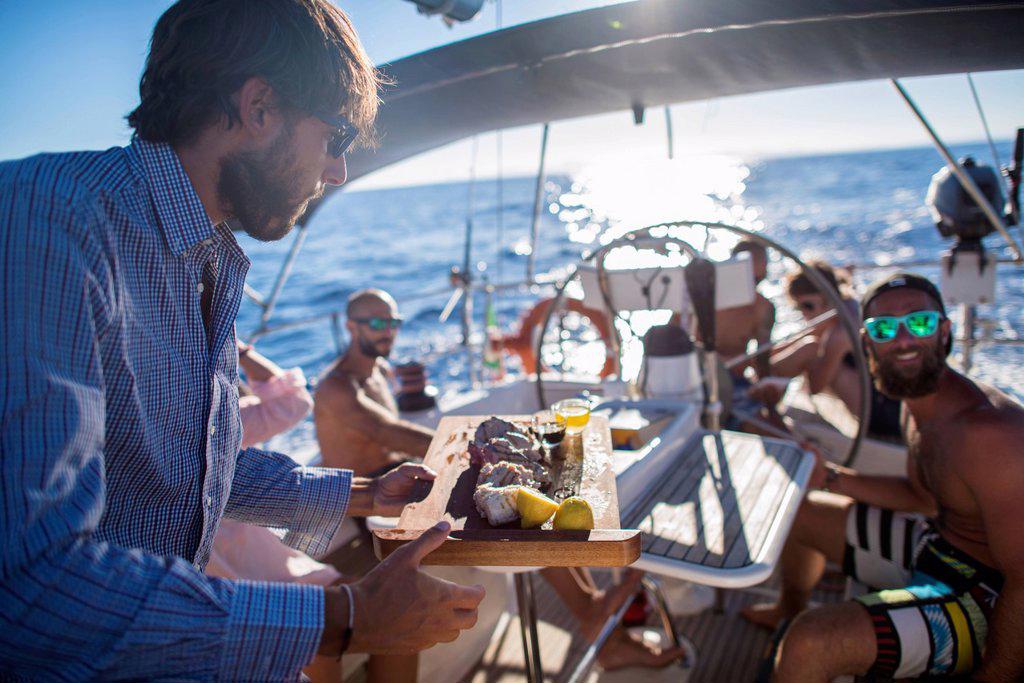 Party on sailing boat, Mallorca, Spain