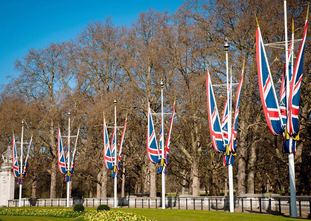 Uk, England, Union Jacks In Front Of Buckingham Palace; London