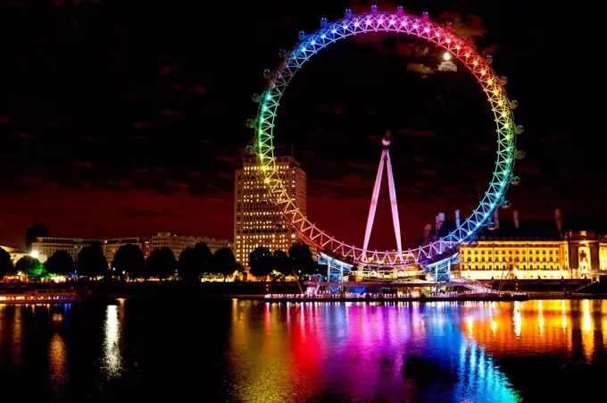 Big Wheel Aka London Eye Lit Up With The Rainbow Colours During Pride Night, London, Uk