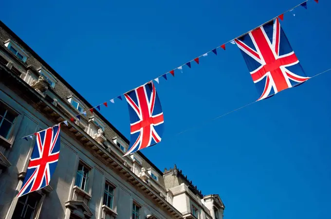Union Jacks decorating Regent Street in Central London, London, UK