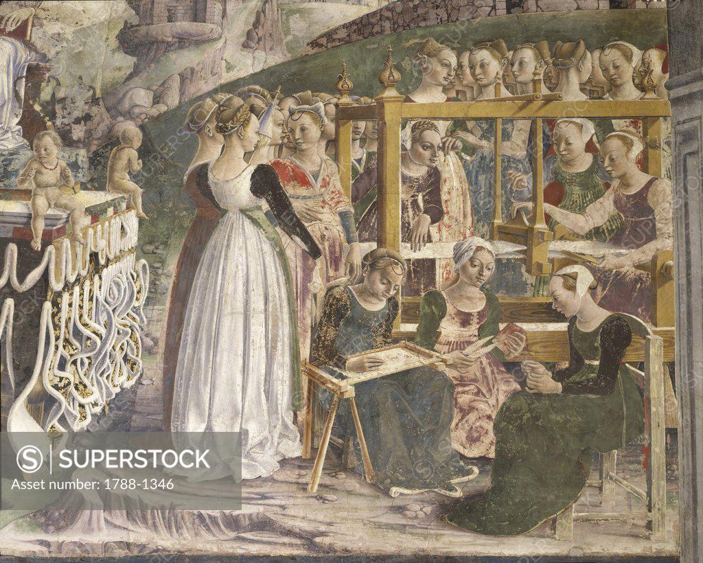 Stock Photo: 1788-1346 Italy - Emilia Romagna Region - Ferrara - Schifanoia Palace - Hall of Months - March - Ladies in Waiting - Francesco del Cossa - Ercole De' Roberti - Detail - Fresco - 15th century