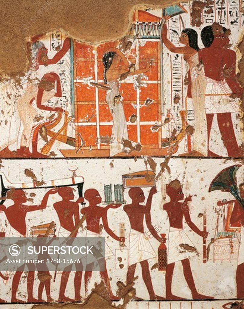 Egypt, Thebes, El-Khokha Necropolis Valley of the Nobles, Tomb of Nebamon  and Ipouky, Detail of frescoes depicting funeral cortege and widow by  catafalque of deceased Stock Photo 1788-15676 : Superstock