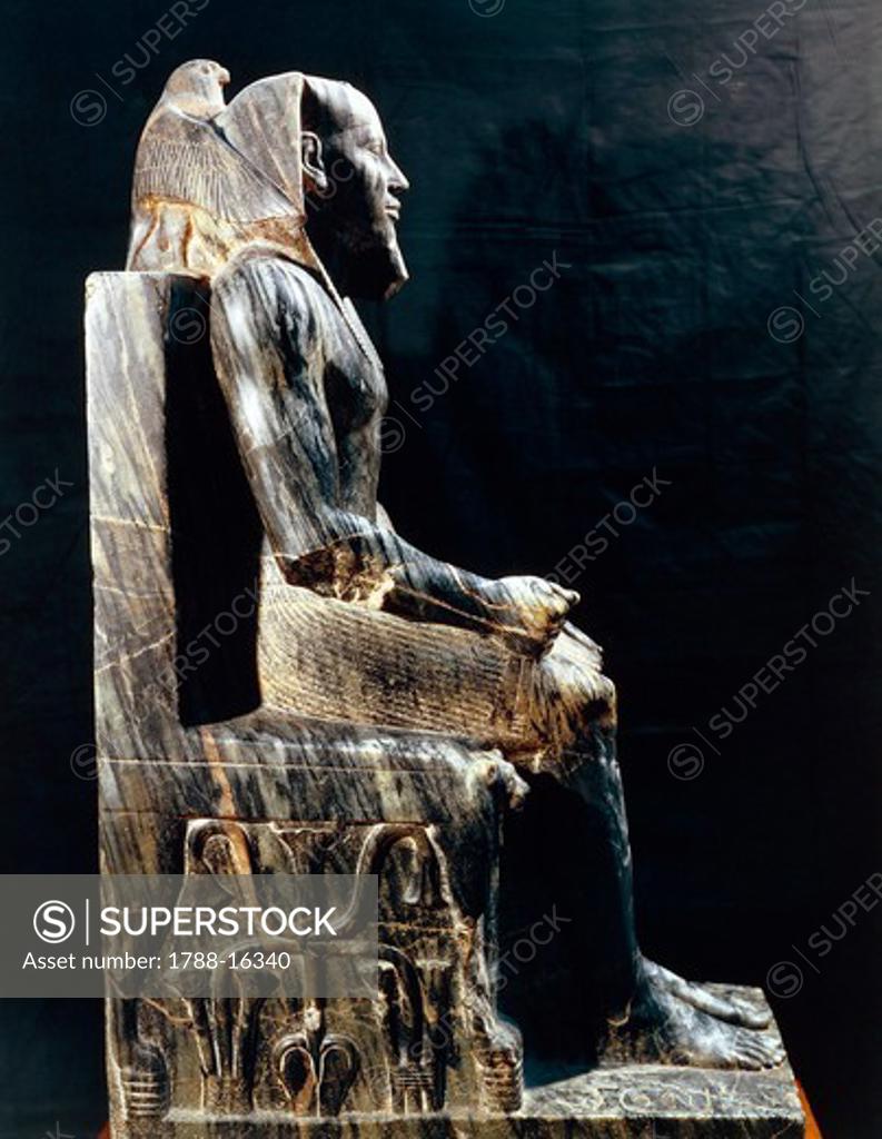 Stock Photo: 1788-16340 Diorite statue of Pharaoh Khafre with his head wrapped in wings of falcon god Horus from Giza, Egypt, Old Kingdom, Dynasty IV
