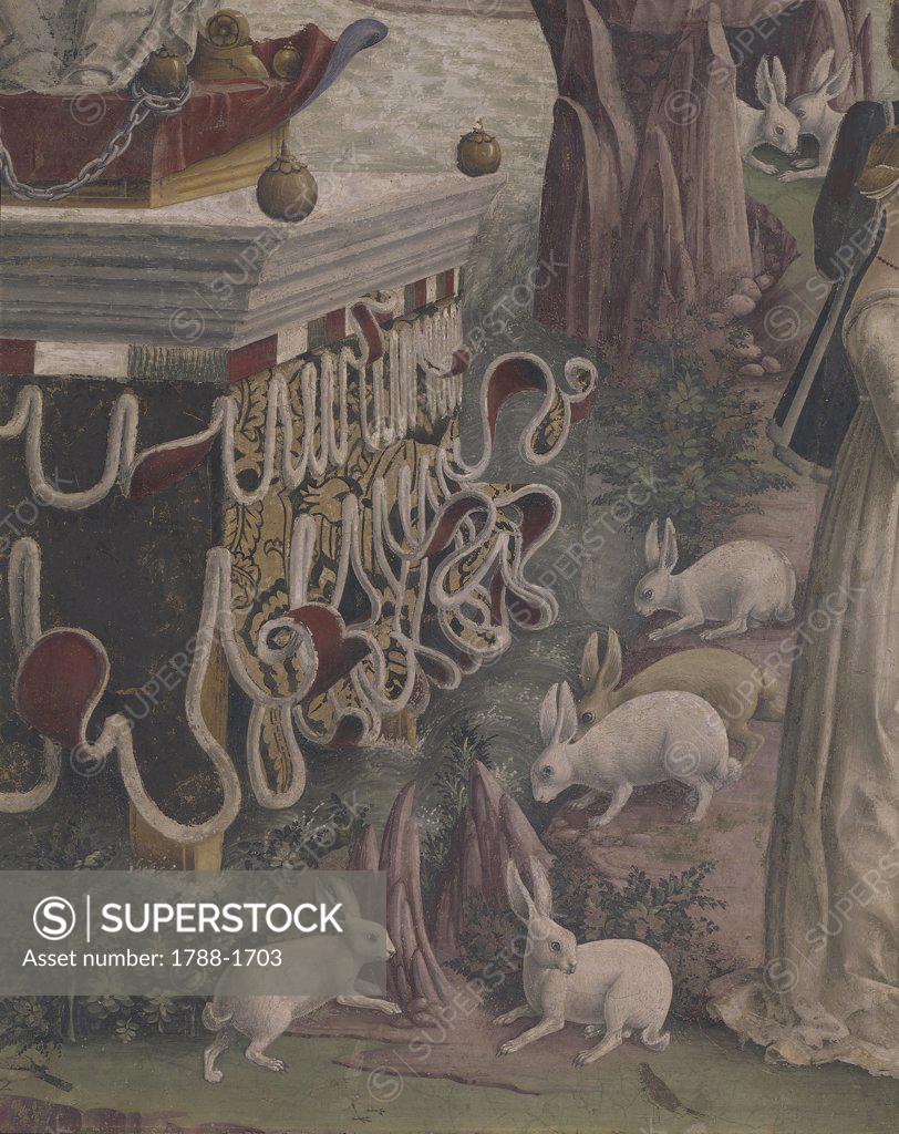 Stock Photo: 1788-1703 Italy - Emilia-Romagna Region - Ferrara - Schifanoia Palace. 15th century. Francesco del Cossa (1436-1478), Hall of Months: allegory of April, mythology, rabbits. Fresco