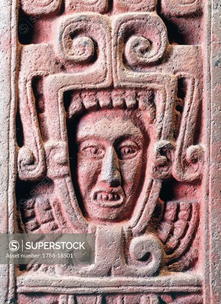 Mexico, stele representing birth of Quetzalcoatl from Xochicalco, painted stone