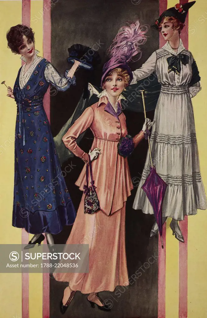 Fashion plates of a woman wearing a blue floral day dress, a white blouse and a blue hat, and a pink skirt, a matching jacket, and a purple plumed hat, holding a purple parasol, and a white and green day dress, and green stole and hat, illustration from the magazine Le Miroir des Modes, vol 70, no 4, April, 1915.