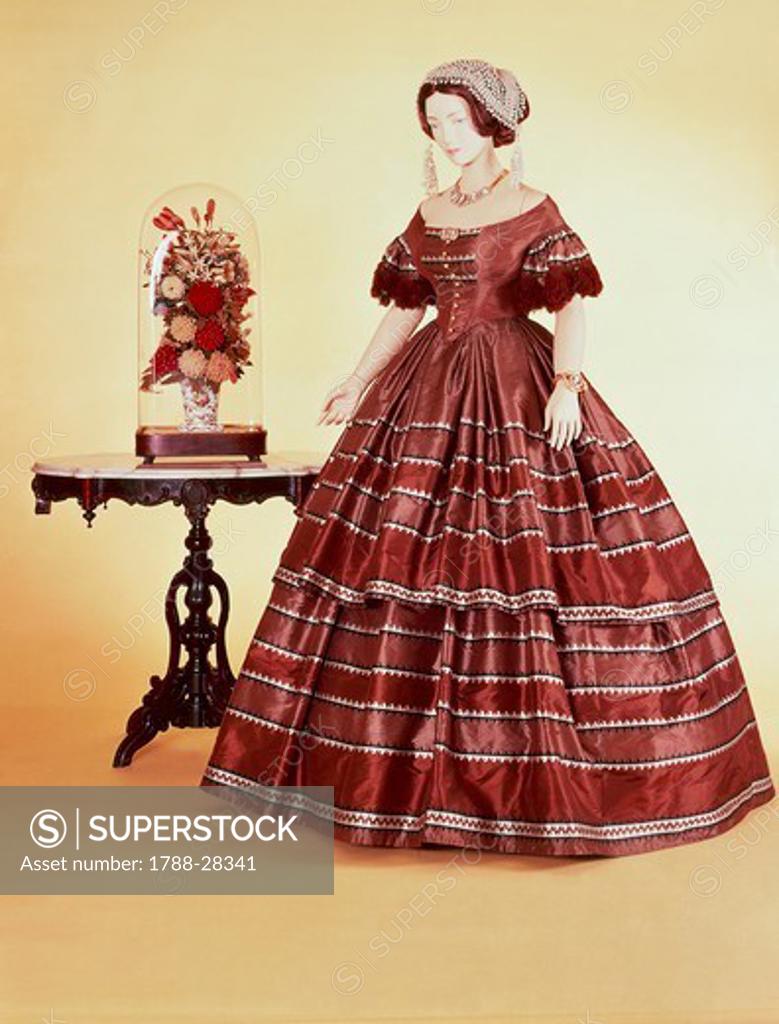 Stock Photo: 1788-28341 Fashion, 19th century. Ornamented taffeta dress, 1858-1859.