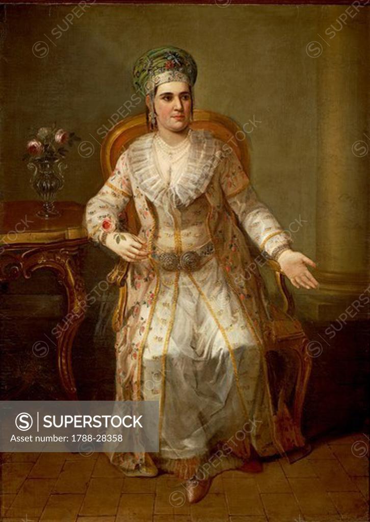 Stock Photo: 1788-28358 Portrait of Countess Tecla Moise' Gibarra or Ghebarra, wife of Count Antonio Pompeo Cassis Faraone, entrepreneur and trader in Egypt. Painting by unknown artist of the 18th century.