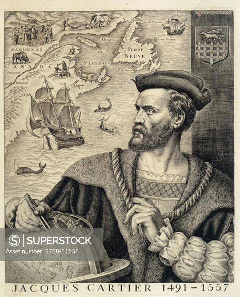 Stock Photo: 1788-31958 Jacques Cartier (Saint-Malo, 1491-1557), French navigator who reached Canada, Newfoundland and Labrador, setting the foundations for French dominion in Canada, engraving by Pierre Gandon.
