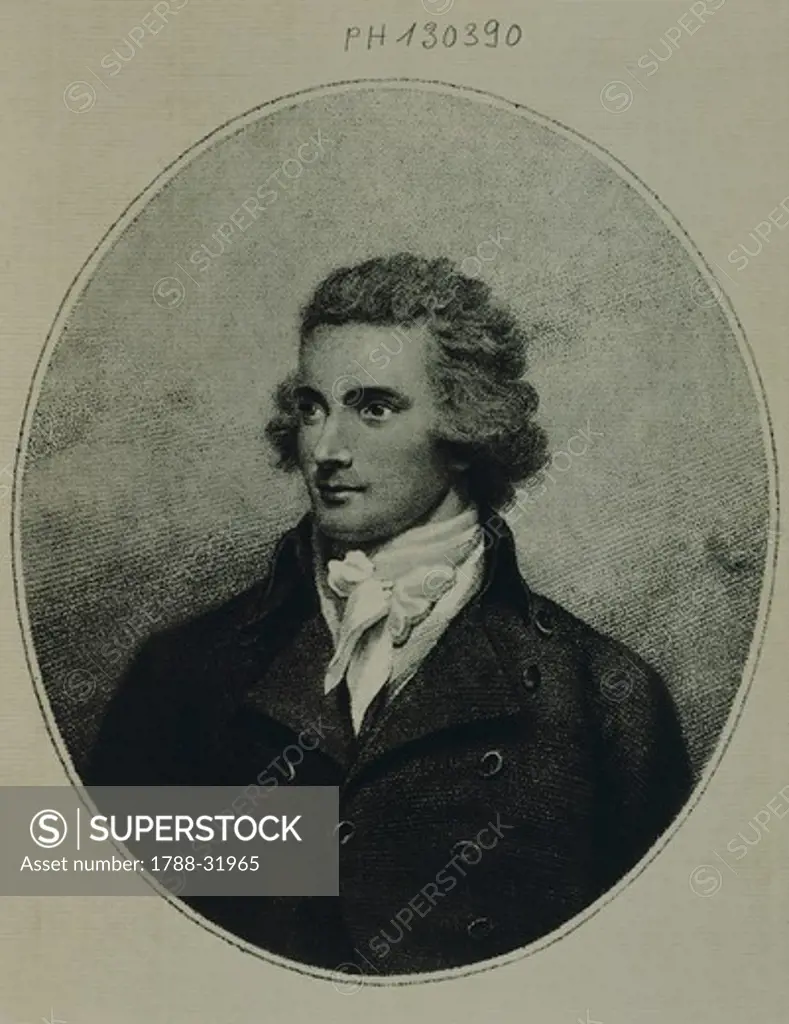 Mungo Park (Selkirk, 1771-Bussa, Nigeria, 1805), Scottish explorer, he travelled up the course of the Gambia river and explored the Senegal and Niger valleys, engraving.