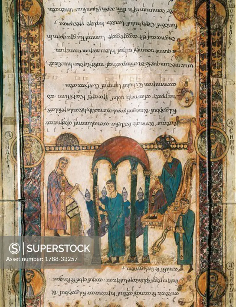 Prayer of a Deacon, miniature from the Exultet (Easter Proclamation) of Bari, manuscript, 11th Century.