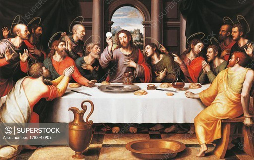 Stock Photo: 1788-43909 The last Supper, 1560-1570, by Juan de Juanes (ca 1510-1579), panel, 116x191 cm.