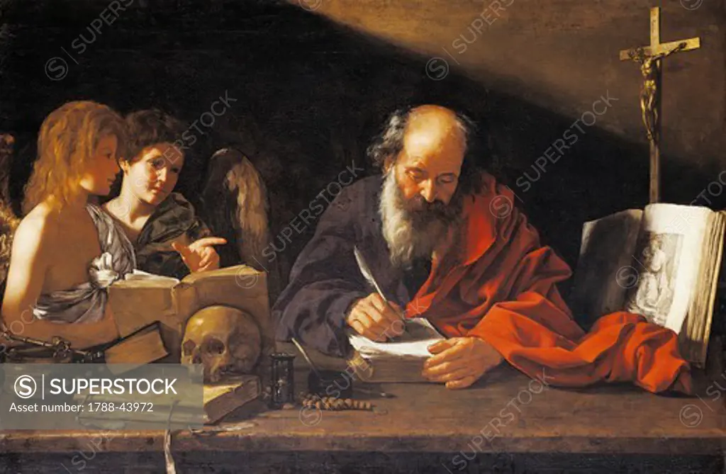 St Jerome in his study with angels, 1617, by Bartolomeo Cavarozzi (ca 1590-1625), oil on canvas, 116x173 cm.