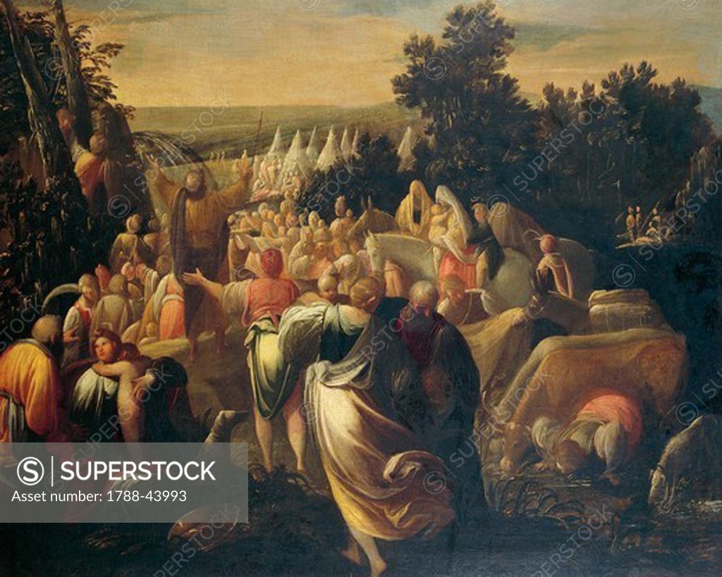 Stock Photo: 1788-43993 Moses brings forth water in the desert, ca 1610, by Mastelletta (1575-1655), oil on canvas, 104x126 cm.