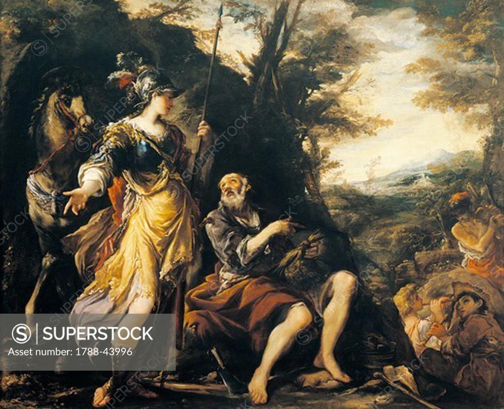 Stock Photo: 1788-43996 Erminia among the shepherds, by Giovanni Antonio Burrini (1656-1727), oil on canvas, 153x187.5 cm.