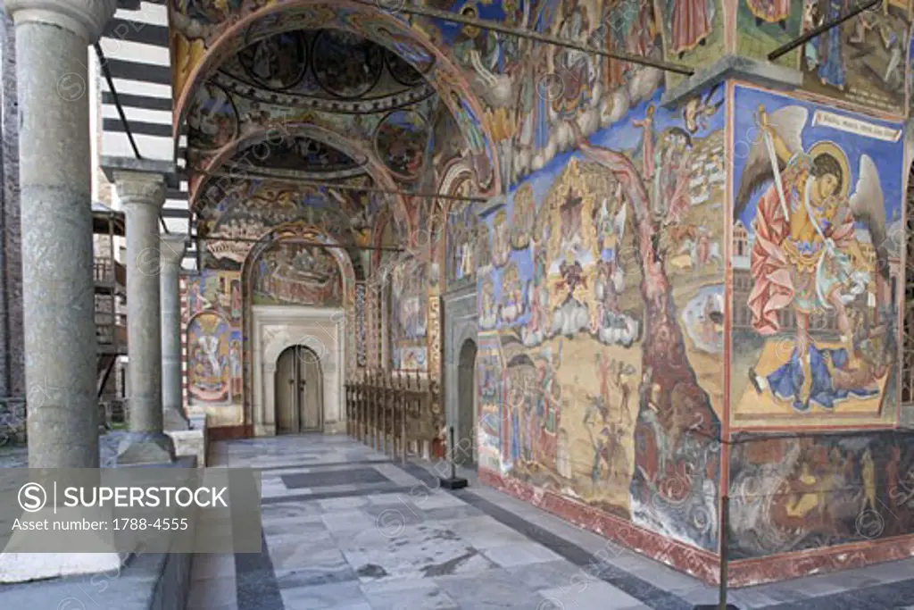 Bulgaria - Rila Monastery. Rebuilt 1816-1847. UNESCO World Heritage List, 1983. Church of 'the Nativity of the Virgin', 1835. Painted narthex walls