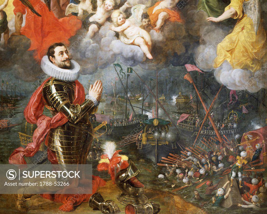 Stock Photo: 1788-53266 Don Alvaro de Bazan giving thanks after the victory over the Turks in 1580, painting by Hendrick van Balen (1575-1632), 1621. Spain, 17th century.