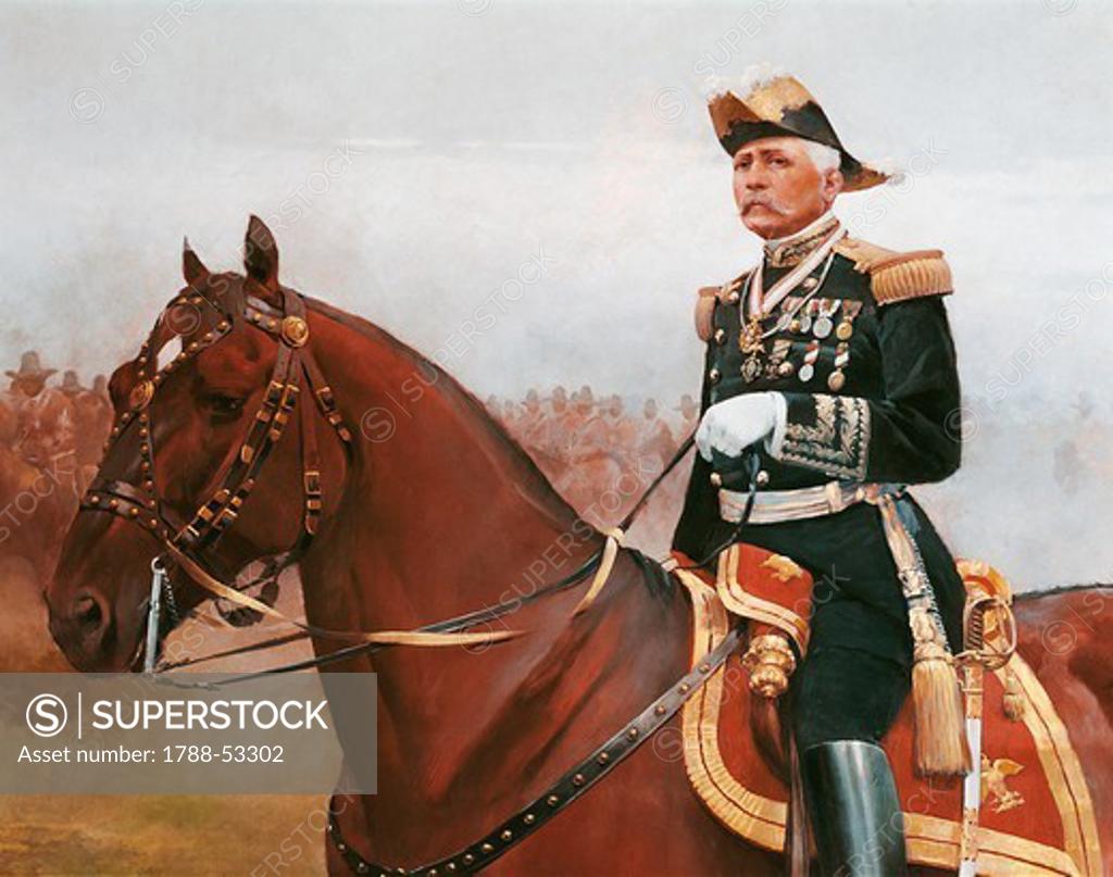 Stock Photo: 1788-53302 Equestrian portrait of Jose Porfirio Diaz (1830-1915), Mexican politician and President of the Republic, painted by Jose Cusachs (1851-1908). Mexico, 19th-20th century.