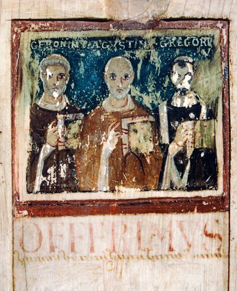 Saint Jerome, Saint Augustine and Saint Gregory the Great, miniature painted on Boethius Diptych, work in ivory, 5th Century. Detail.